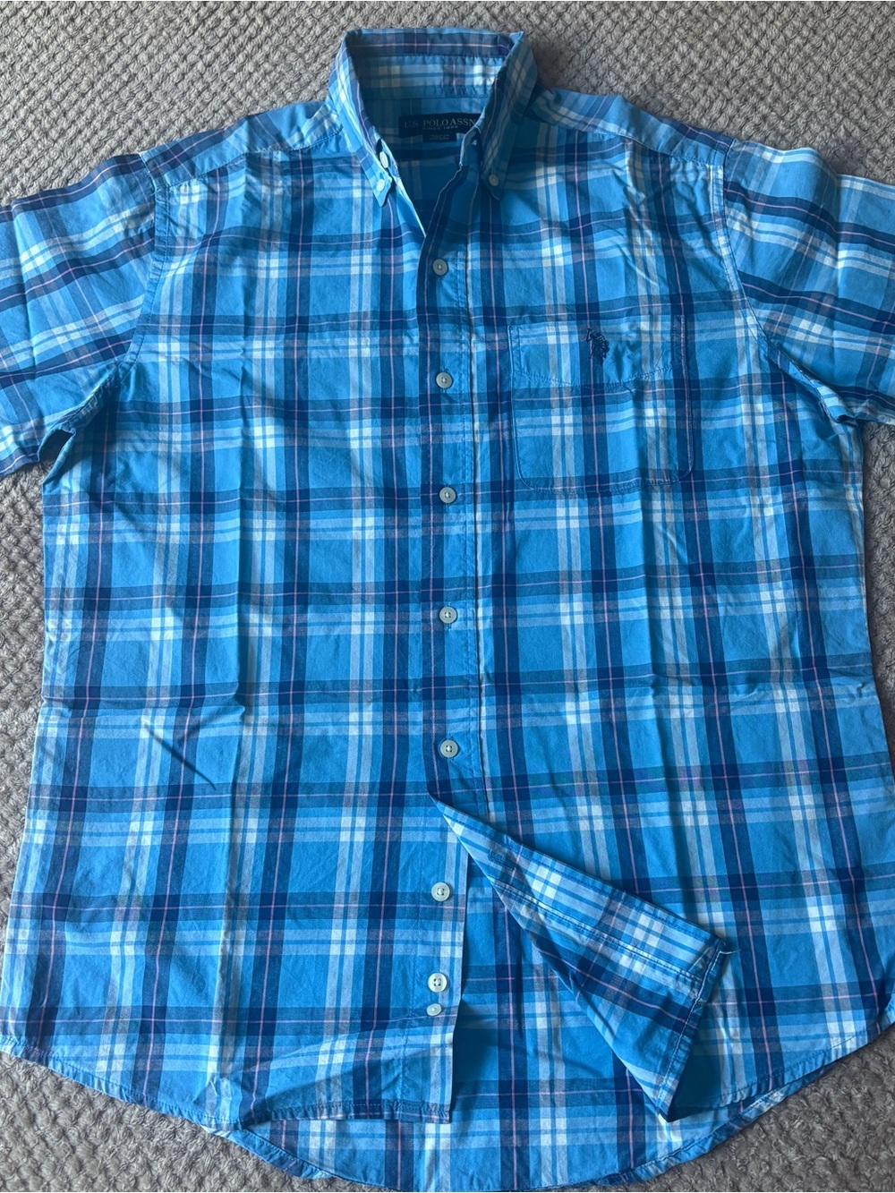 U.S. Polo Assn. Light and Dark Blue Plaid Short-Sleeve Button-Down Shirt